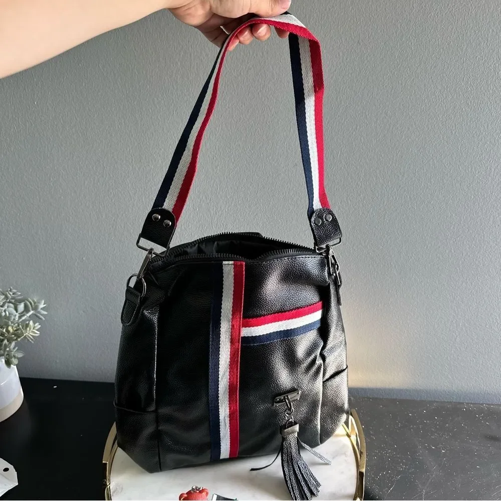 Faux Leather Black Convertible Backpack Bear Charm Work Travel Bag Overnight